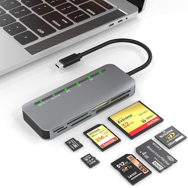 Suejezt Mehrkartenleser aus Aluminium mit sieben Steckplätzen und einer angeschlossenen USB-Type-C-Leitung