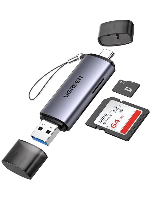 UGREEN grauer Kartenleser 2 in 1 mit einem USB-Type-A-Stecker, einem Type-C-Stecker und Steckplätzen für SD und microSD