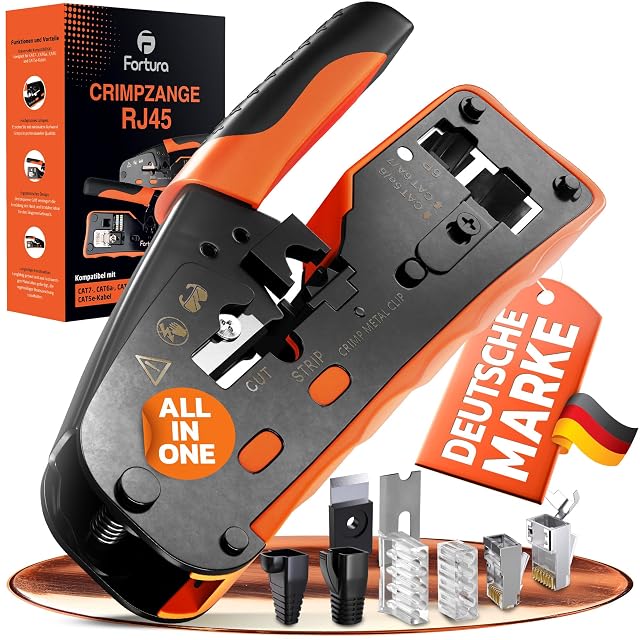 Fortura RJ45-Crimpzange mit Steckern, Einführhilfen, Tüllen und einer Ersatzklinge