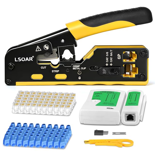 Lsoar Durchsteck-RJ45-Crimpzange mit fünfzig Cat6-Steckern und einem kleinen Abmanteler