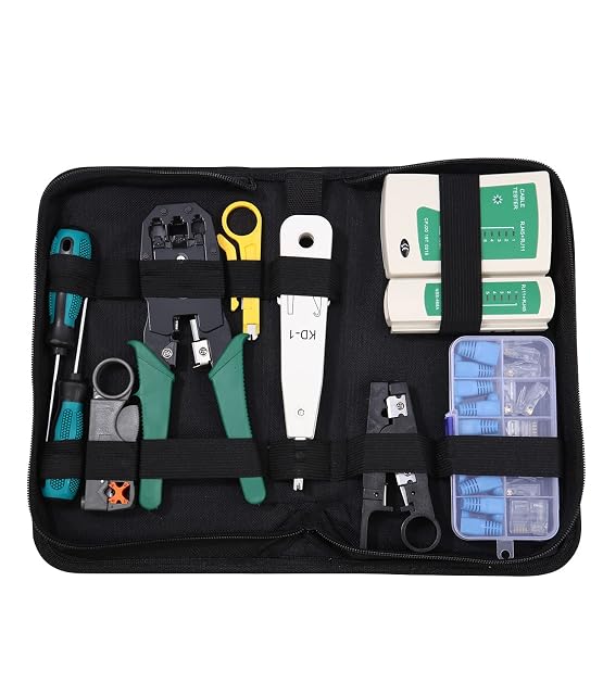 Xespis Netzwerk-Werkzeugsatz mit Crimpzange, Kabelprüfgerät, Abmanteler und Auflegewerkzeug in einer Tasche mit Reißverschluss