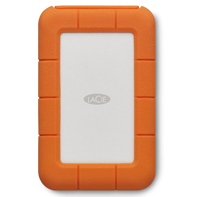 Tragbare externe Festplatte LaCie Rugged mit 4 TB in einer orangefarbenen Schutzhülle