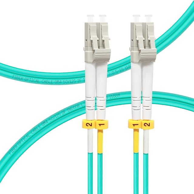 FLYPROFiber wasserblaue Glasfaser-Patchleitung OM4 duplex mit LC-Steckern und Klipps mit A und B