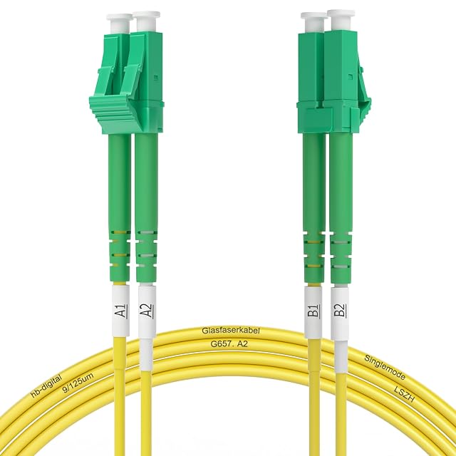 HB-DIGITAL gelbe Glasfaser-Patchleitung duplex mit grünen LC/APC-Steckern an beiden Enden