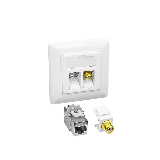 ProfiPatch weiße Unterputz-Netzwerkdose mit einem RJ45-Anschluss und einem F-Stecker