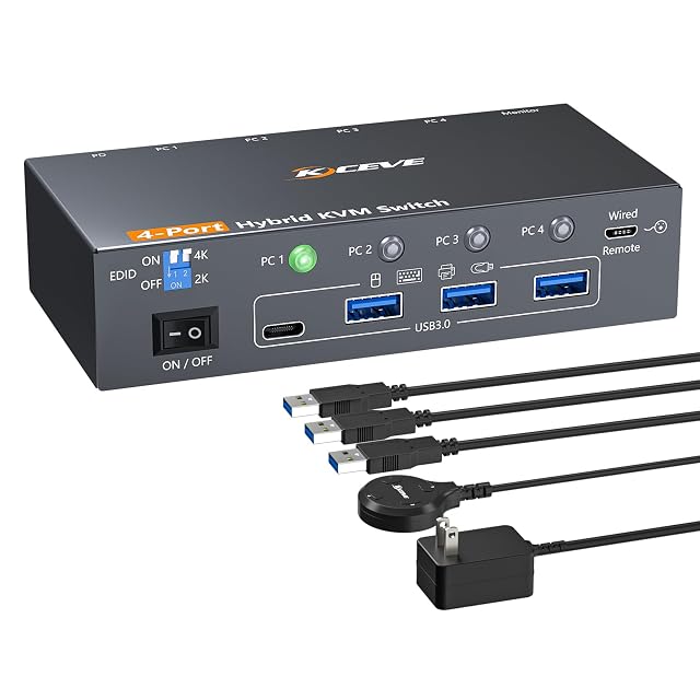 KVM-Switch AOOCOO KC-401C-AO-DE mit vier Ports, DisplayPort-, USB-C- und HDMI-Eingängen und kabelgebundener Fernbedienung
