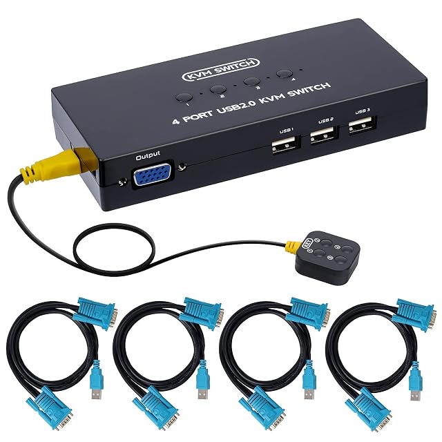 VGA-KVM-Switch DGODRT KS204V mit vier Ports, kabelgebundenem Tischbedienteil und vier kombinierten Kabeln