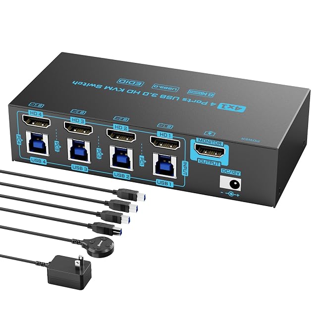 HDMI-KVM-Switch DXchip ZX-KVM8401B002 mit vier Ports, vier USB-3.0-Buchsen und kabelgebundener Fernbedienung