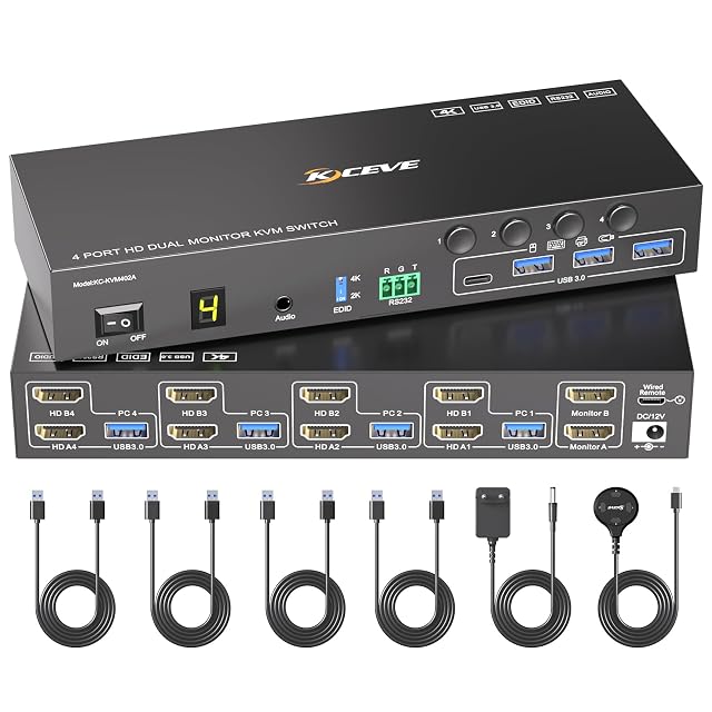 HDMI-KVM-Switch MLEEDA mit vier Ports für zwei Monitore, vier USB-3.0-Buchsen und kabelgebundener Fernbedienung
