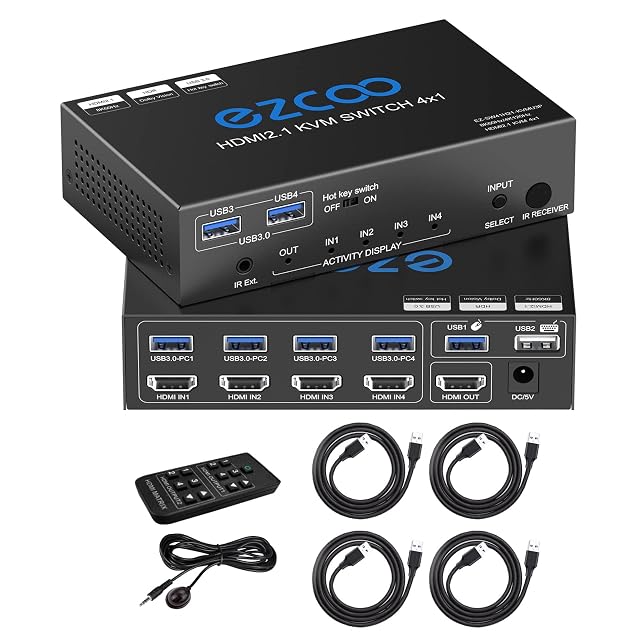 HDMI-KVM-Switch ROFAVEZCO EZ-SW41H21-KVMU3P mit vier Ports, Infrarot-Fernbedienung und vier USB-3.0-Kabeln