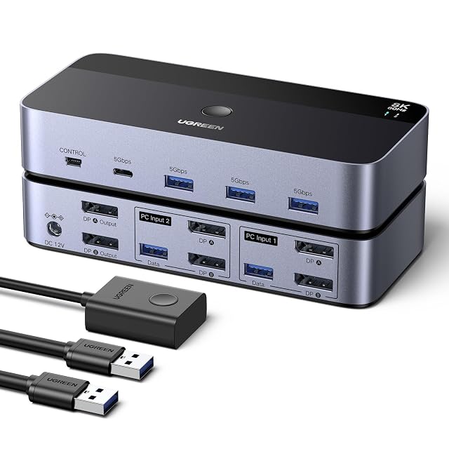 DisplayPort-KVM-Switch UGREEN AK700 mit zwei Ports, vier USB-3.0-Buchsen und Tischbedienteil