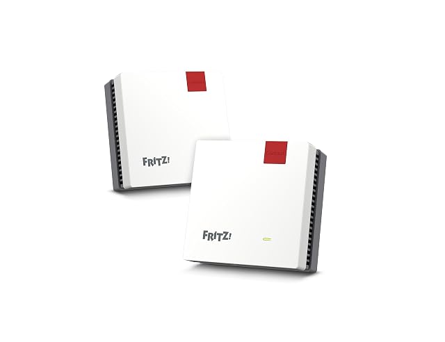 Zwei kleine weiße Mesh-Geräte FRITZ Mesh Set 1600 nebeneinander