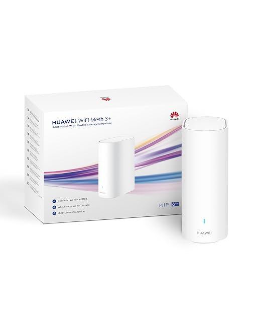 Weißer aufrecht stehender Mesh-Router HUAWEI WiFi Mesh 3+ von vorn