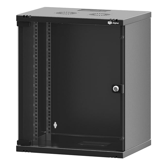 HB-DIGITAL schwarzer 19-Zoll-Wandnetzwerkschrank mit zwölf Höheneinheiten und einer Glastür
