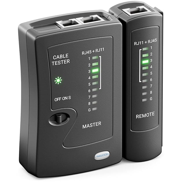 Netzwerkkabel-Tester deleyCON in Schwarz mit Hauptgerät und Gegenstelle