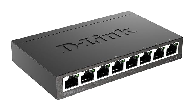 Netzwerk-Switch D-Link DGS-108 mit acht Gigabit-Ports in schwarzem Metallgehäuse
