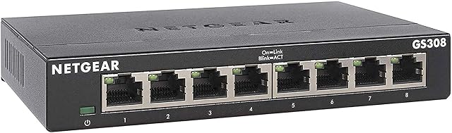Netzwerk-Switch NETGEAR GS308 mit acht Gigabit-Ports im Metallgehäuse mit Ein-Aus-Schalter