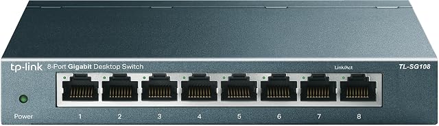 Netzwerk-Switch TP-Link TL-SG108 mit acht Gigabit-Ports in blau metallischem Metallgehäuse