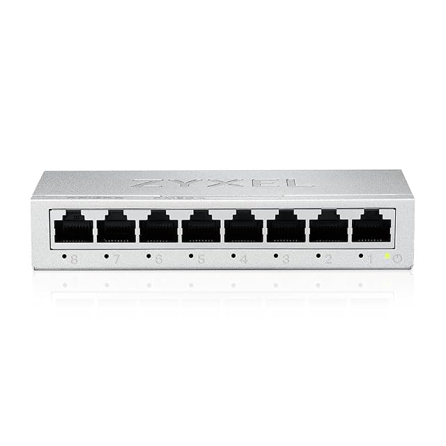 Netzwerk-Switch ZYXEL GS-108BV5 mit acht Gigabit-Ports im Metallgehäuse mit acht RJ45-Buchsen