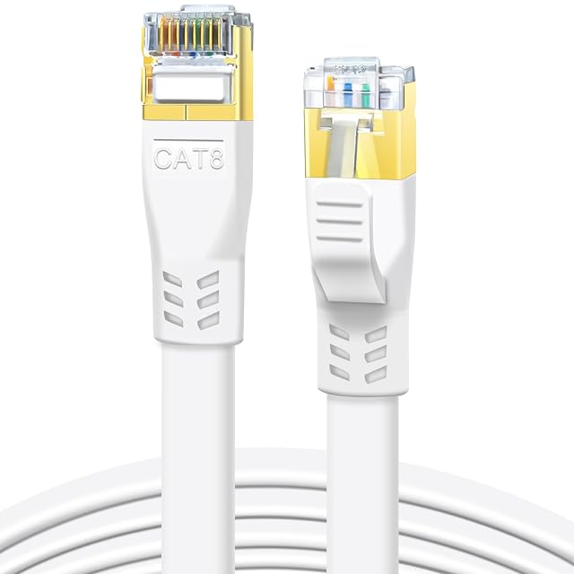 DDMALL flaches weißes Patchkabel Cat 8 mit 10 m und geschirmten RJ45-Steckern ohne Hängenasen
