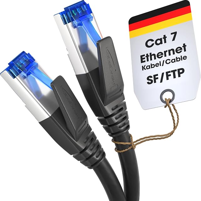 KabelDirekt schwarzes Patchkabel Cat 7 mit 10 m, RJ45-Steckern und Knickschutz
