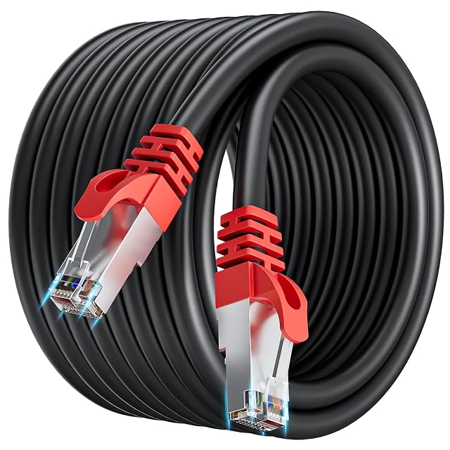 Soibke schwarzes Patchkabel Cat 7 mit 10 m und roten geschirmten RJ45-Steckern