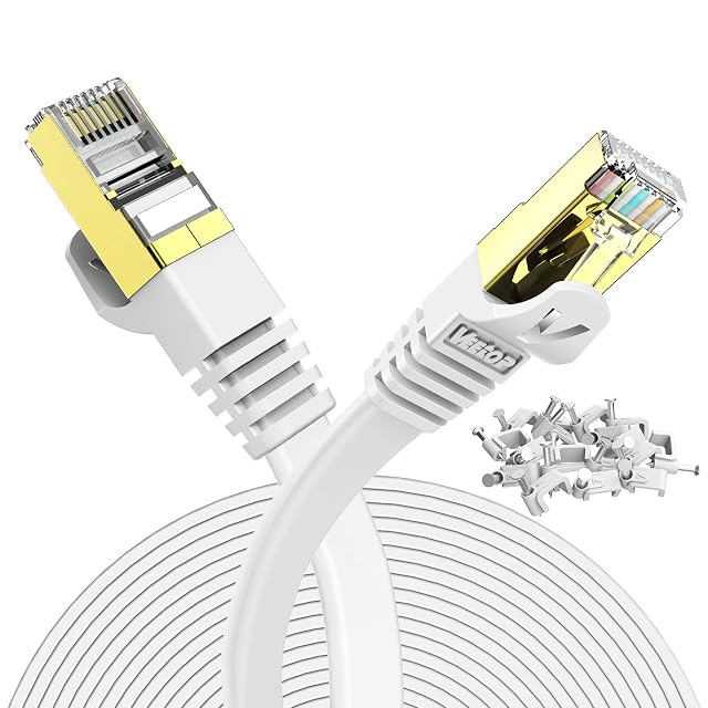 Veetop flaches weißes Patchkabel Cat 7 mit 10 m und vergoldeten RJ45-Steckern