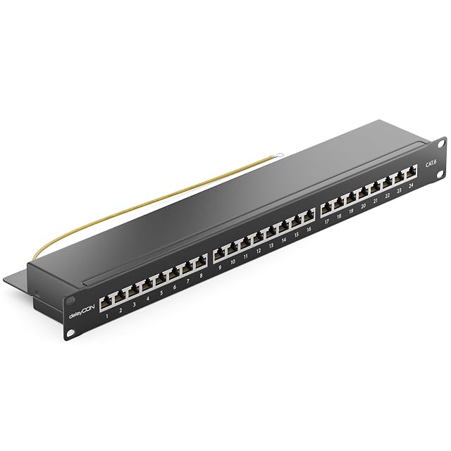 deleyCON schwarzes geschirmtes Cat-6-Patchfeld mit 24 Ports für ein 19-Zoll-Rack