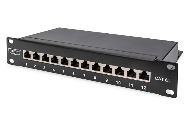 DIGITUS 10-Zoll-Patchfeld mit zwölf geschirmten Cat-6A-Ports in einem schwarzen Metallgehäuse