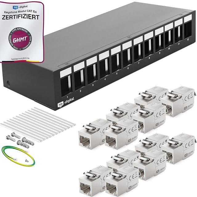 HB-DIGITAL schwarzes Keystone-Patchfeld mit zwölf Ports, bestückt mit Cat-6a-RJ45-Modulen