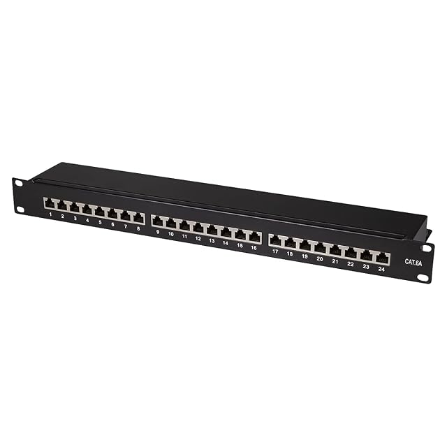 LogiLink PrimeLine schwarzes geschirmtes Cat-6A-Patchfeld mit 24 Ports für ein 19-Zoll-Rack