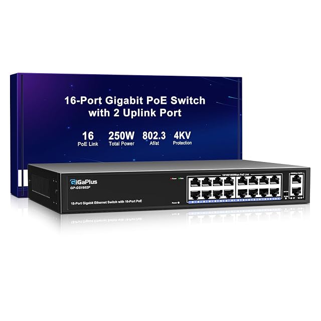 PoE-Switch GigaPlus GP-GS1602P mit achtzehn Gigabit-Ports im Metallgehäuse, sechzehn versorgte Buchsen und zwei Uplinks