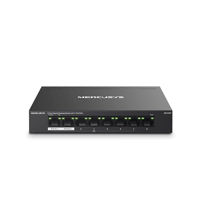 PoE-Switch MERCUSYS MS108GP mit acht Gigabit-Ports im Metallgehäuse und sieben versorgten Buchsen