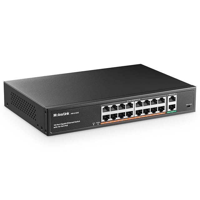 PoE-Switch MokerLink POE-G162G mit achtzehn Gigabit-Ports im Rack-Metallgehäuse mit sechzehn versorgten Buchsen