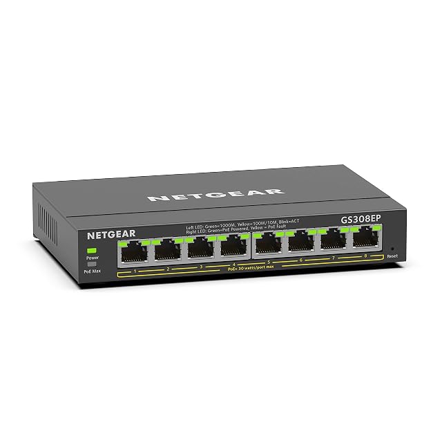PoE-Switch NETGEAR GS308EP mit acht Gigabit-Ports im lüfterlosen Metallgehäuse