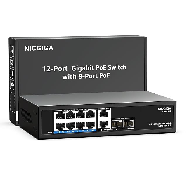 PoE-Switch NICGIGA GS0822P mit zwölf Gigabit-Ports im Metallgehäuse, acht versorgten Buchsen, zwei Uplinks und zwei SFP-Steckplätzen