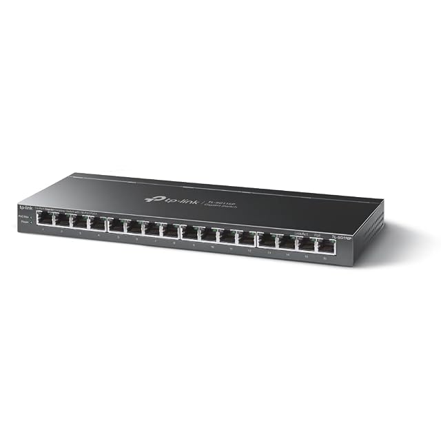 PoE-Switch TP-Link TL-SG116P mit sechzehn Gigabit-Ports im schwarzen lüfterlosen Metallgehäuse