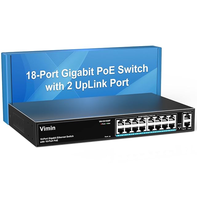 PoE-Switch VIMIN VM-GS1620P-EU mit achtzehn Gigabit-Ports im Metallgehäuse, sechzehn versorgten Buchsen und zwei Uplinks