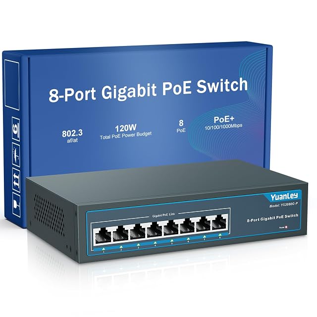 PoE-Switch YuanLey YS2080G-P mit acht Gigabit-Ports im Metallgehäuse mit Montagewinkeln