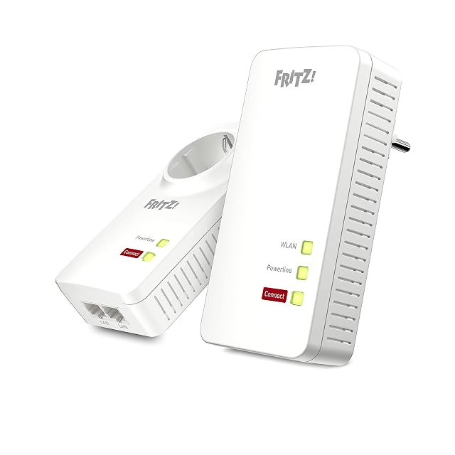 WLAN-Set FRITZ!Powerline 1260 mit einem Funk-Powerline-Adapter und einem kabelgebundenen Adapter