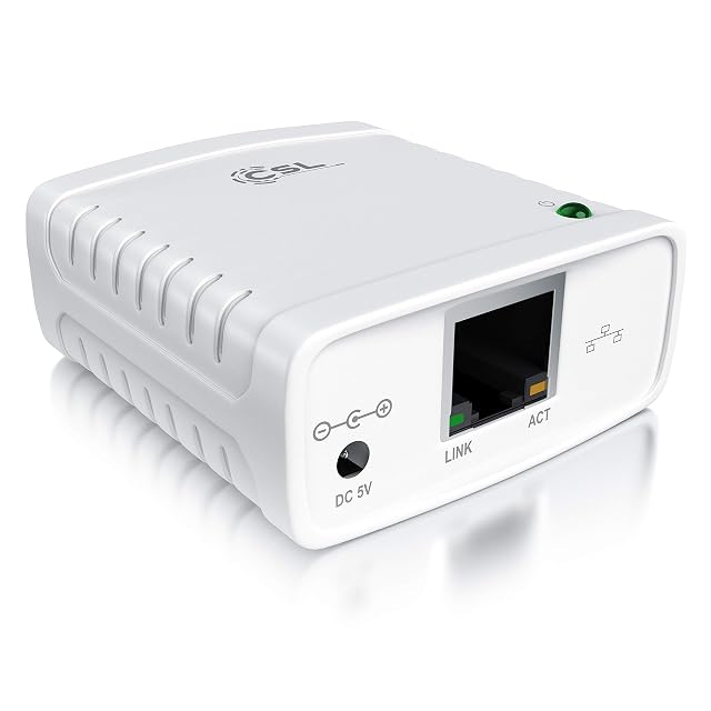 CSL LAN-Printserver mit einer RJ45-Netzwerkbuchse und einer USB-Buchse für einen Drucker