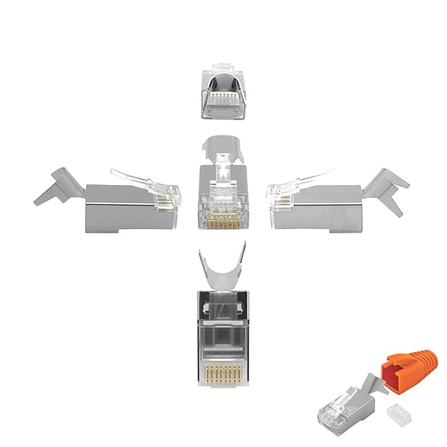 ARLI geschirmter RJ45-Crimpstecker mit Zugentlastung aus Metall, Einführhilfe und Tülle