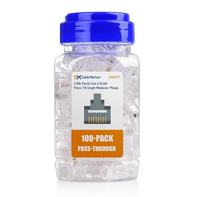 Cable Matters RJ45-Durchsteckstecker Cat 6 in einer Aufbewahrungsdose mit Schraubdeckel