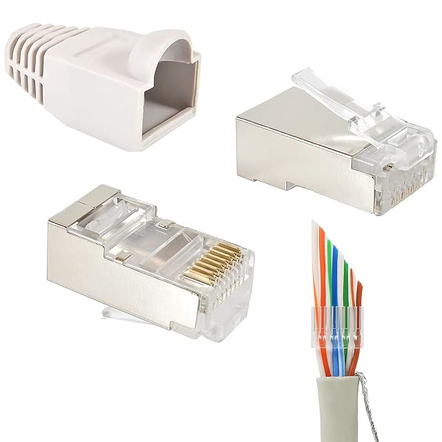 VESVITO geschirmter RJ45-Crimpstecker Cat 6 in Grau mit einer Einführhilfe und einer Tülle