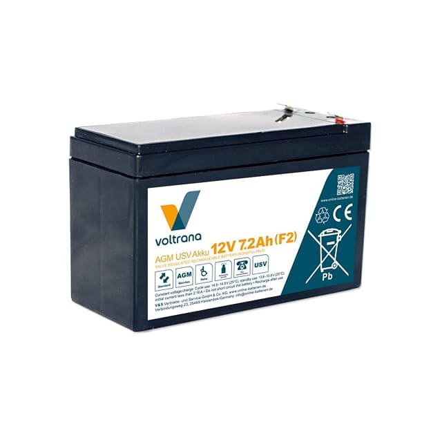 Voltrana Wechselakku für eine USV mit 12 V und 7,2 Ah in einem schwarzen geschlossenen Gehäuse