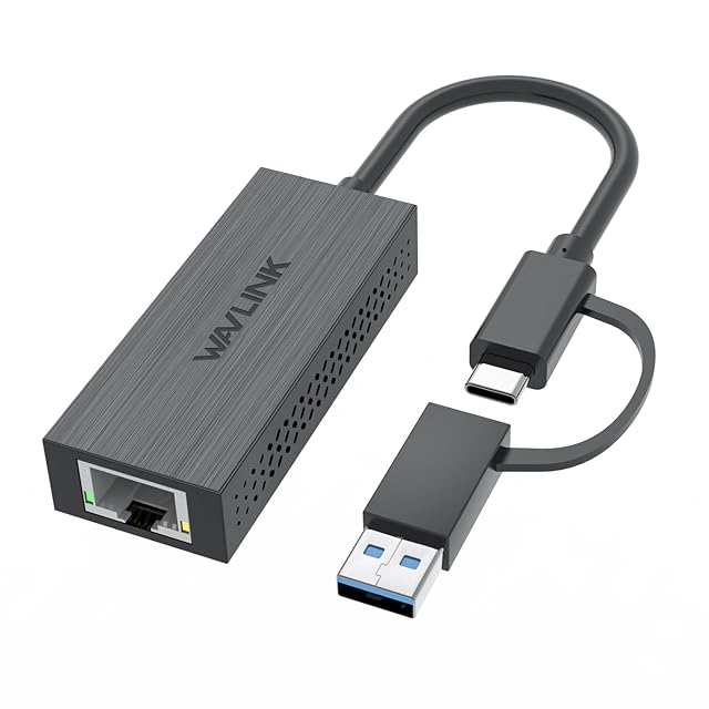 WAVLINK 2.5G USB-LAN-Adapter mit USB-Steckern in Type A und Type C sowie RJ45-Buchse