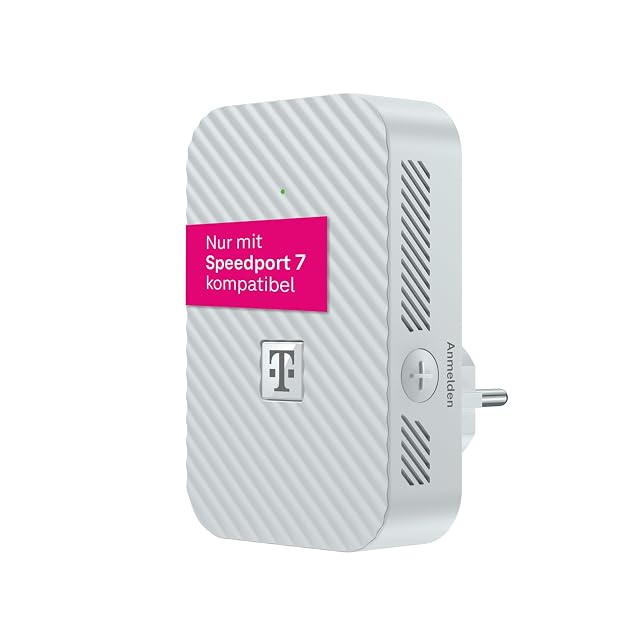 Telekom Speedport 7 Repeater, aufrechtes weißes Gerät mit magentafarbenem Logo