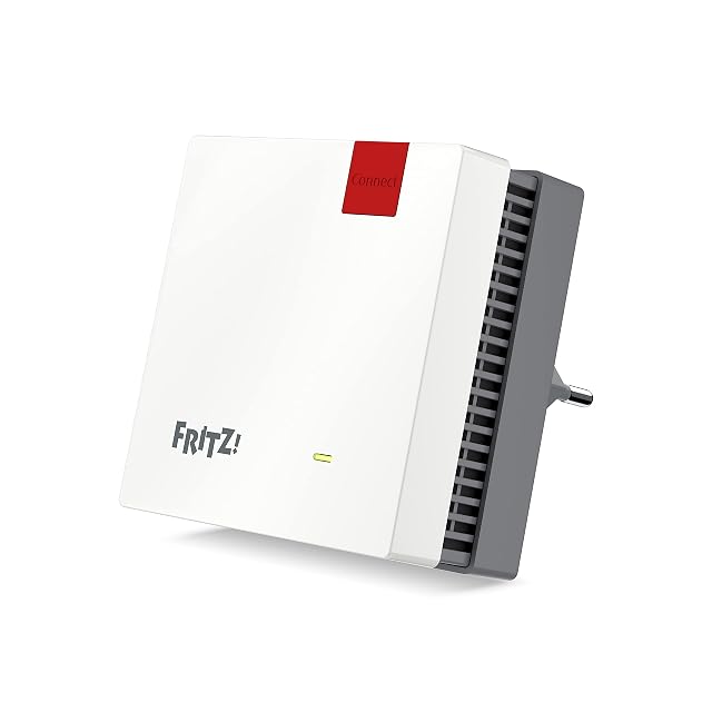 FRITZ Repeater 1200 AX, weißes Gerät mit rotem Band und einer Zustandsleuchte