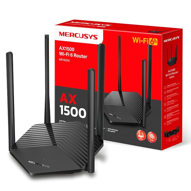 MERCUSYS MR1500X, schwarzer Router mit vier festen Antennen